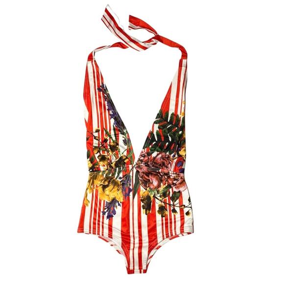 Rococo Sand One Piece Swimsuit Halter Neck Backless Floral Stripes Red White XS - Picture 3 of 7